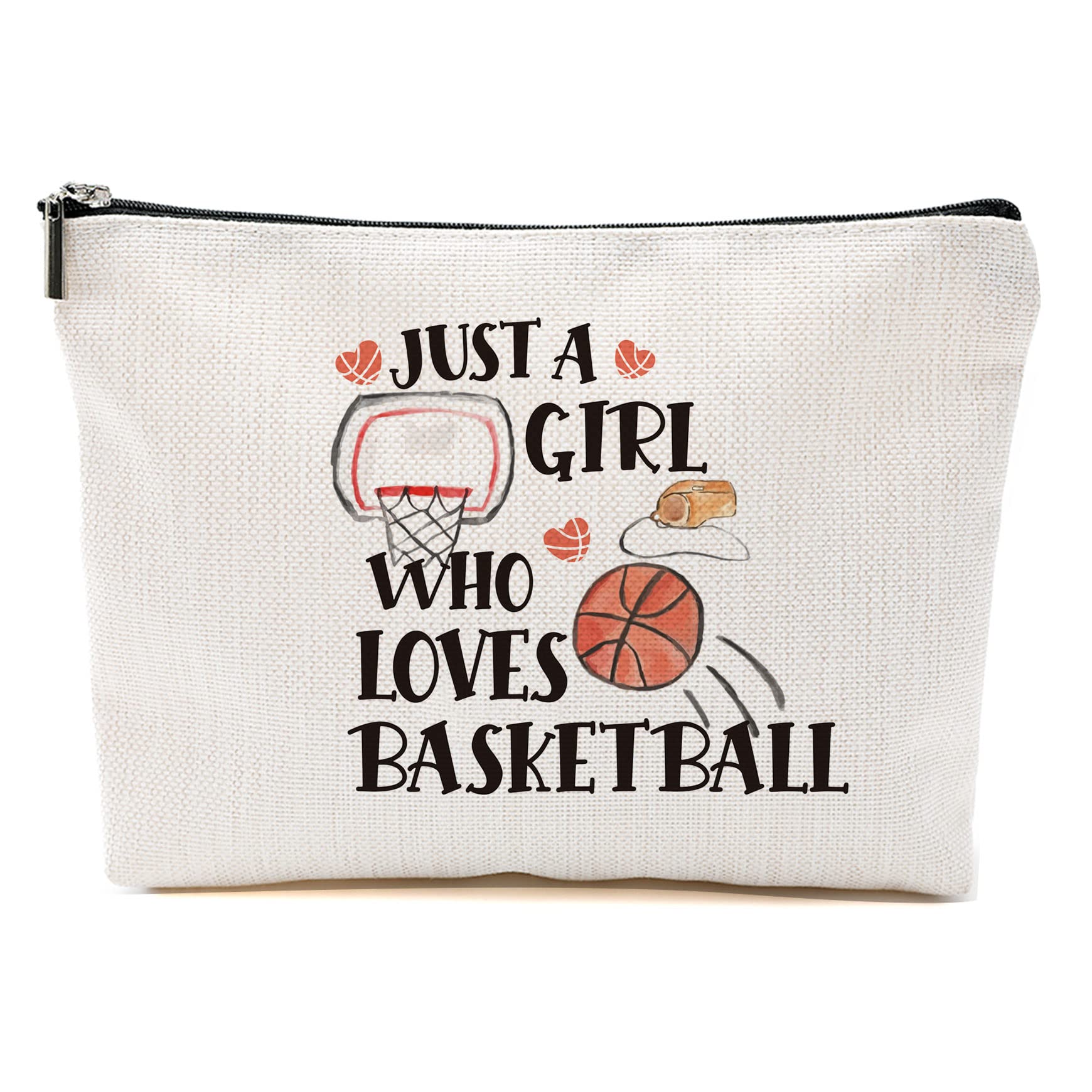Blue Leaves basketball makeup bag front view with black zipper for travel organization.