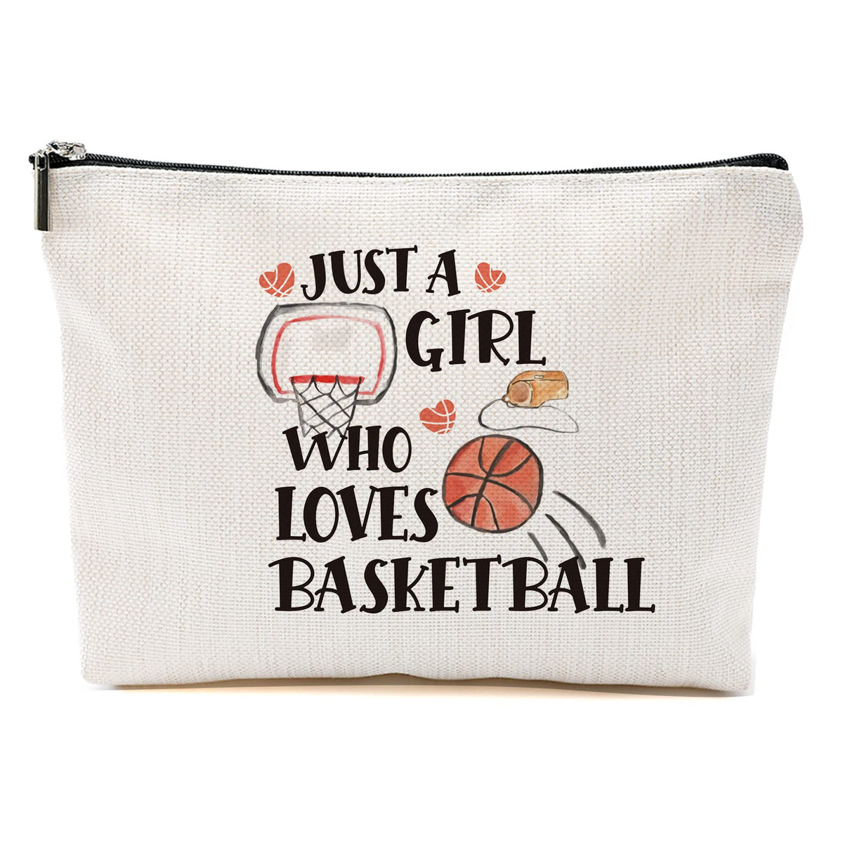 Blue Leaves basketball makeup bag front view with black zipper for travel organization.