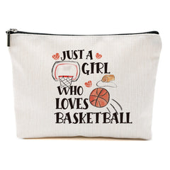 Blue Leaves basketball makeup bag front view with black zipper for travel organization.
