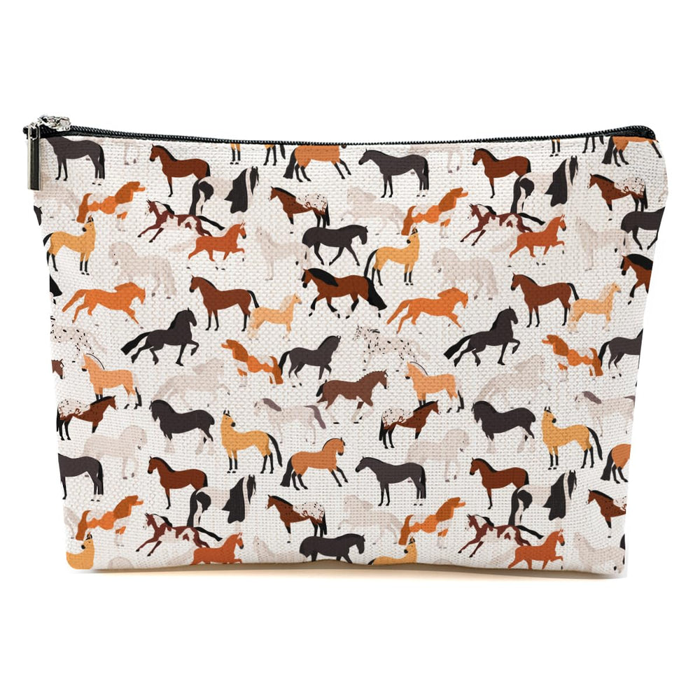 Blue Leaves cute horse makeup bag front view shows a vibrant print for daily travel.