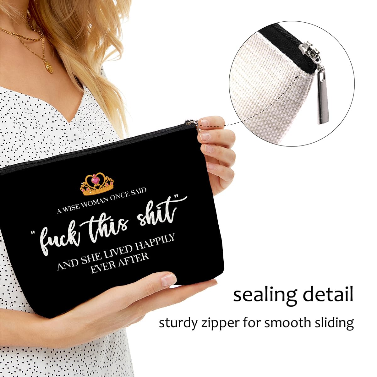 Blue Leaves linen-texture makeup bag adds natural style with practicality.