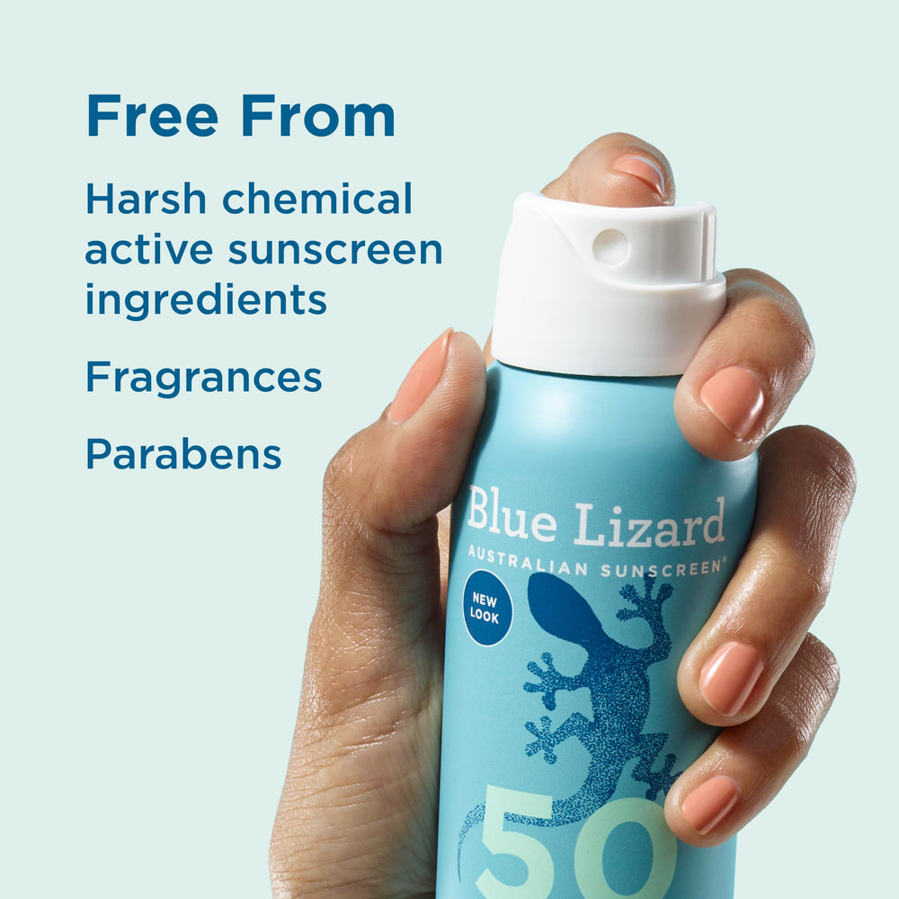 Blue Lizard reef-safe SPF 50 spray protects skin and reefs.