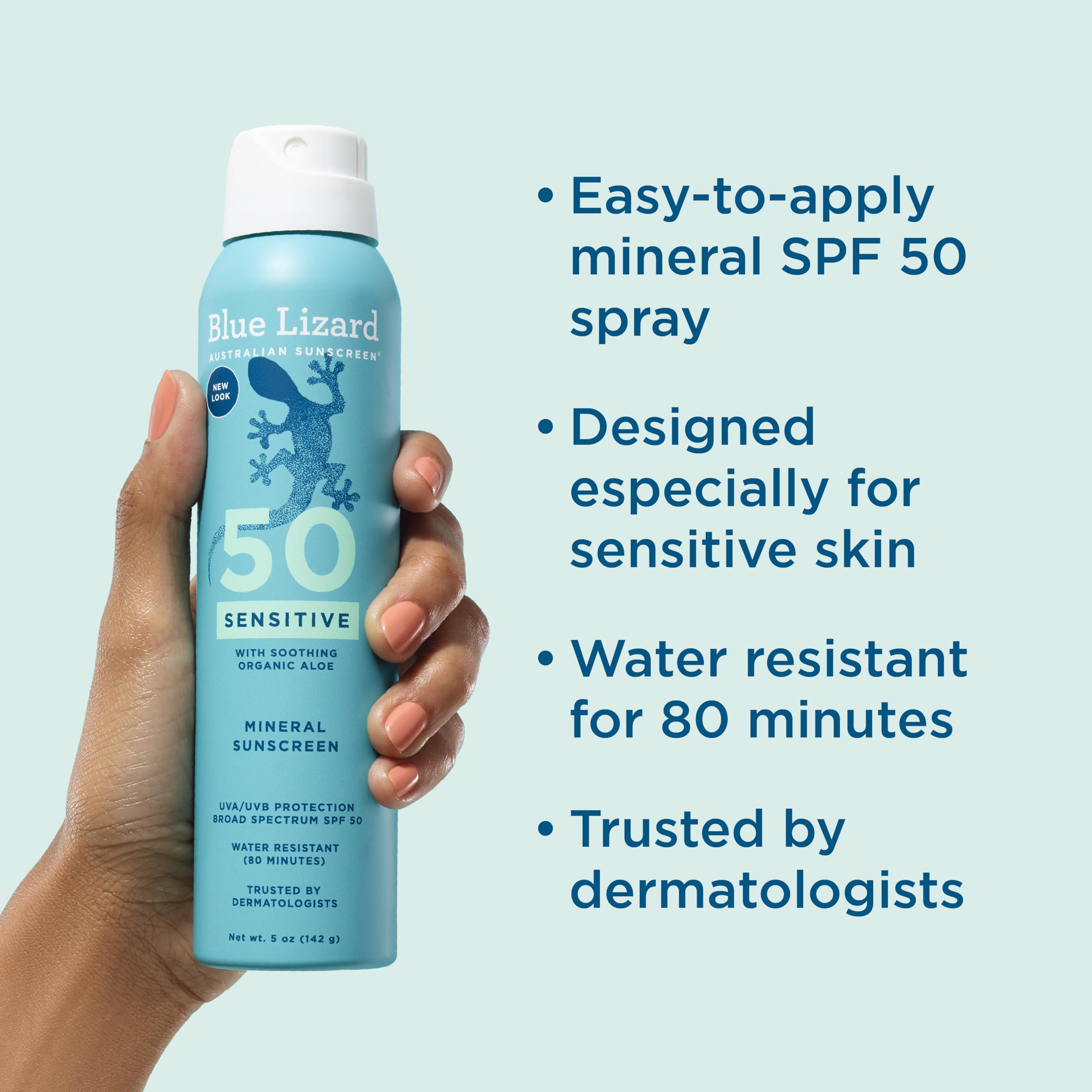 Blue Lizard Sensitive SPF 50 spray applied to face, rubbed in for a clear finish.