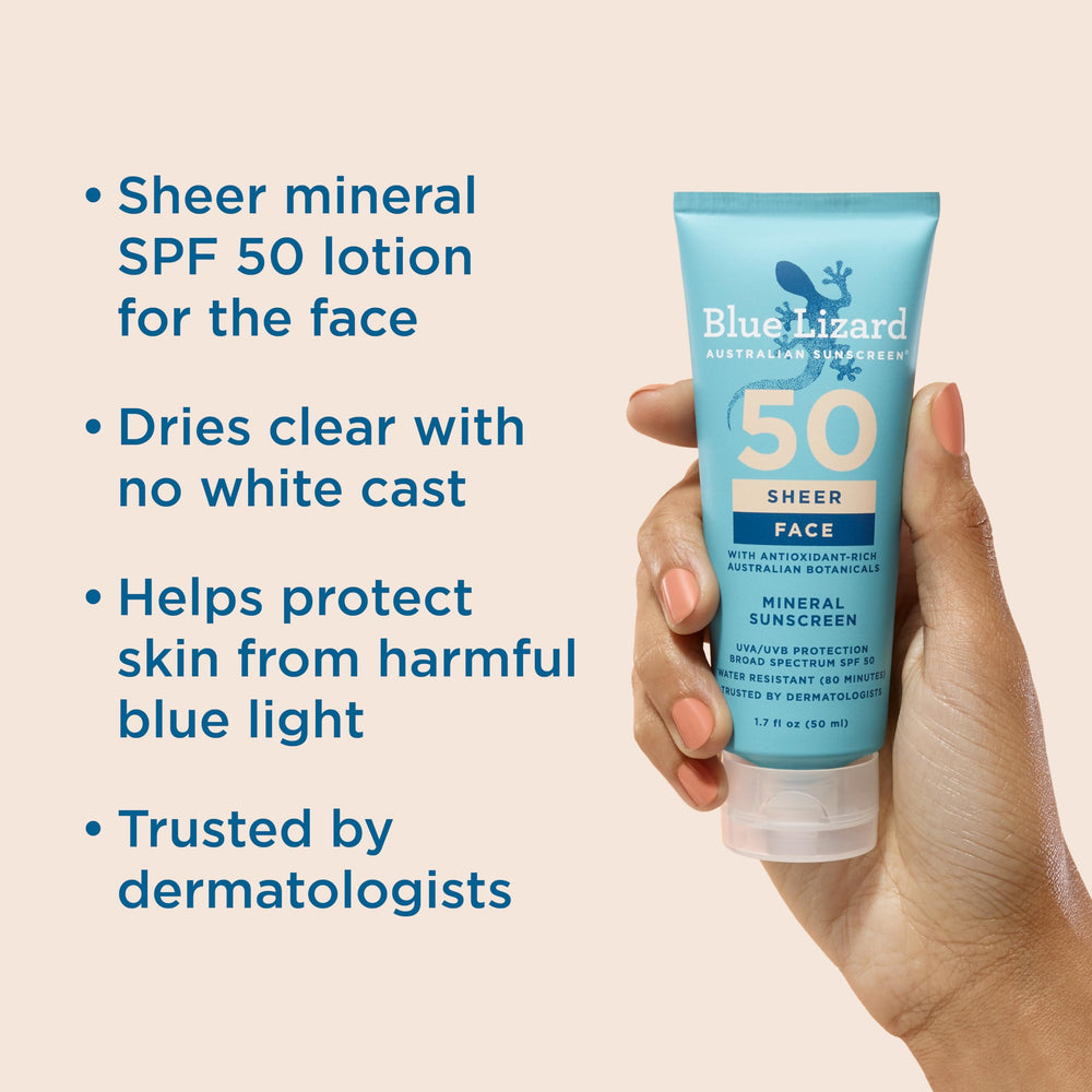 Close-up of Blue Lizard sunscreen lotion showing smooth application on skin.
