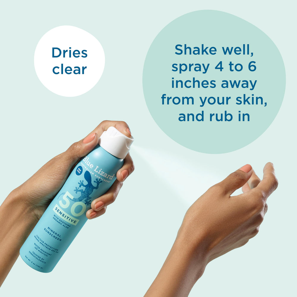 Blue Lizard vegan formula SPF 50 spray suitable for sensitive skin.