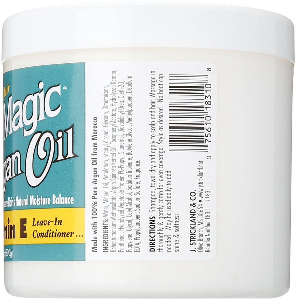 Blue Magic Argan Oil droplets highlight nourishing formula for shine and softness.