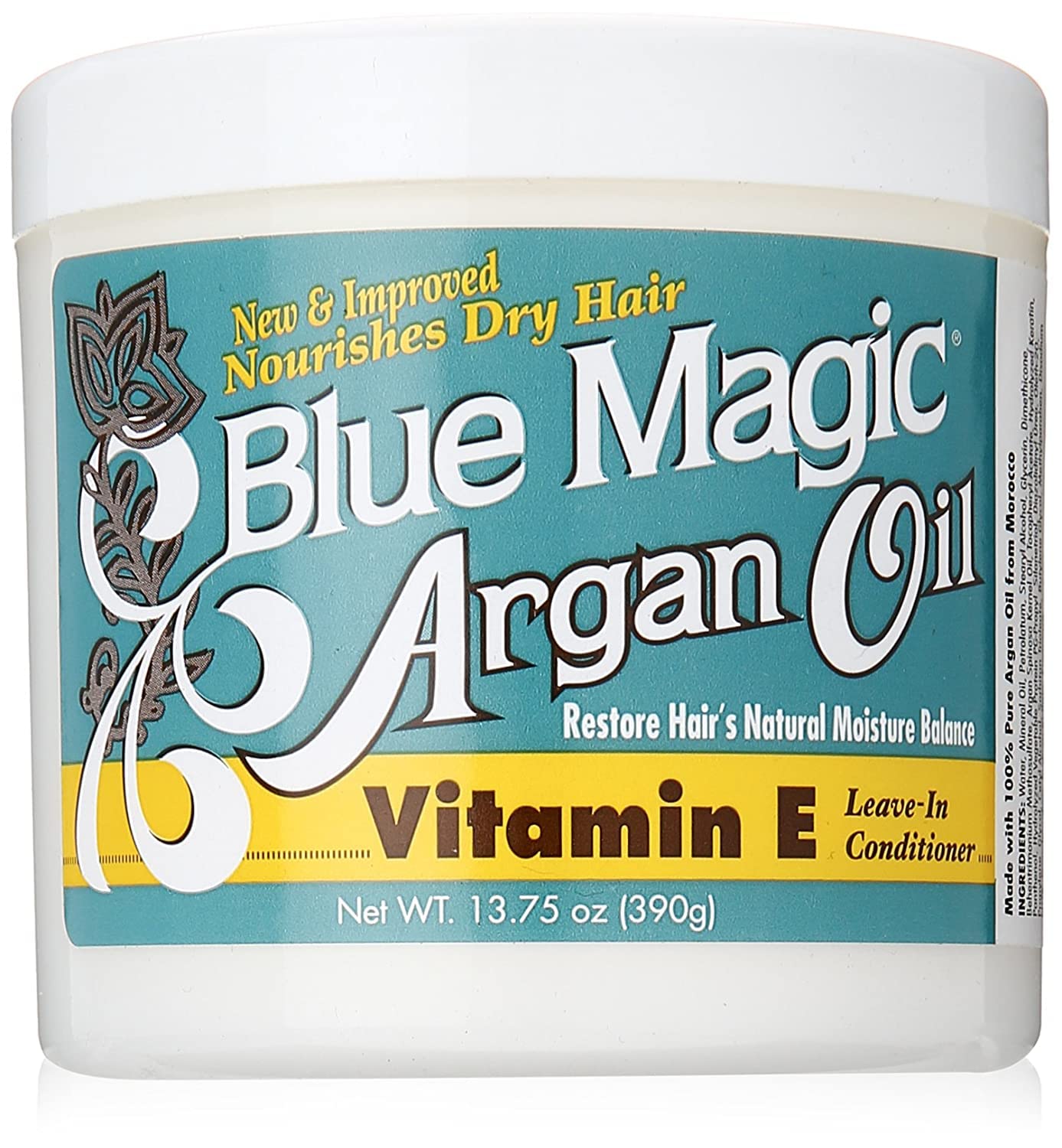 Blue Magic Argan Oil Leave-In Conditioner bottle offers moisturizing detangler benefits.