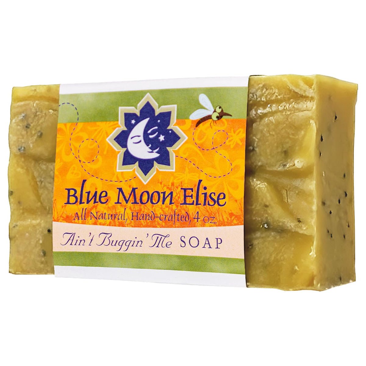 Blue Moon Elise Ain't Buggin Me Citronella soap packaging highlights natural ingredients for outdoor use