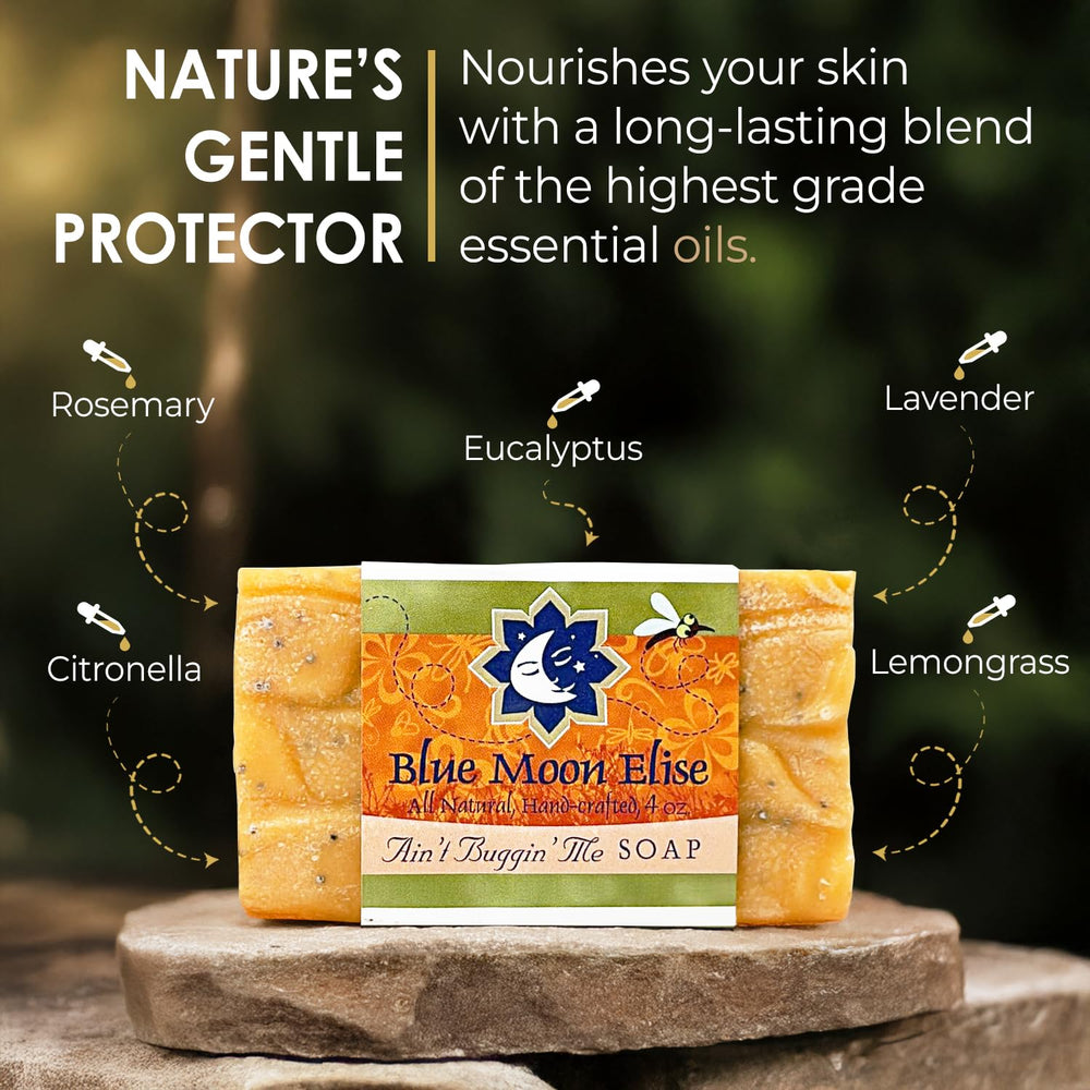 Blue Moon Elise citronella essential oils close-up showing refreshing outdoor scent and skin-friendly formula
