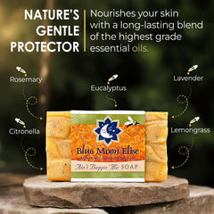 Blue Moon Elise citronella essential oils close-up showing refreshing outdoor scent and skin-friendly formula