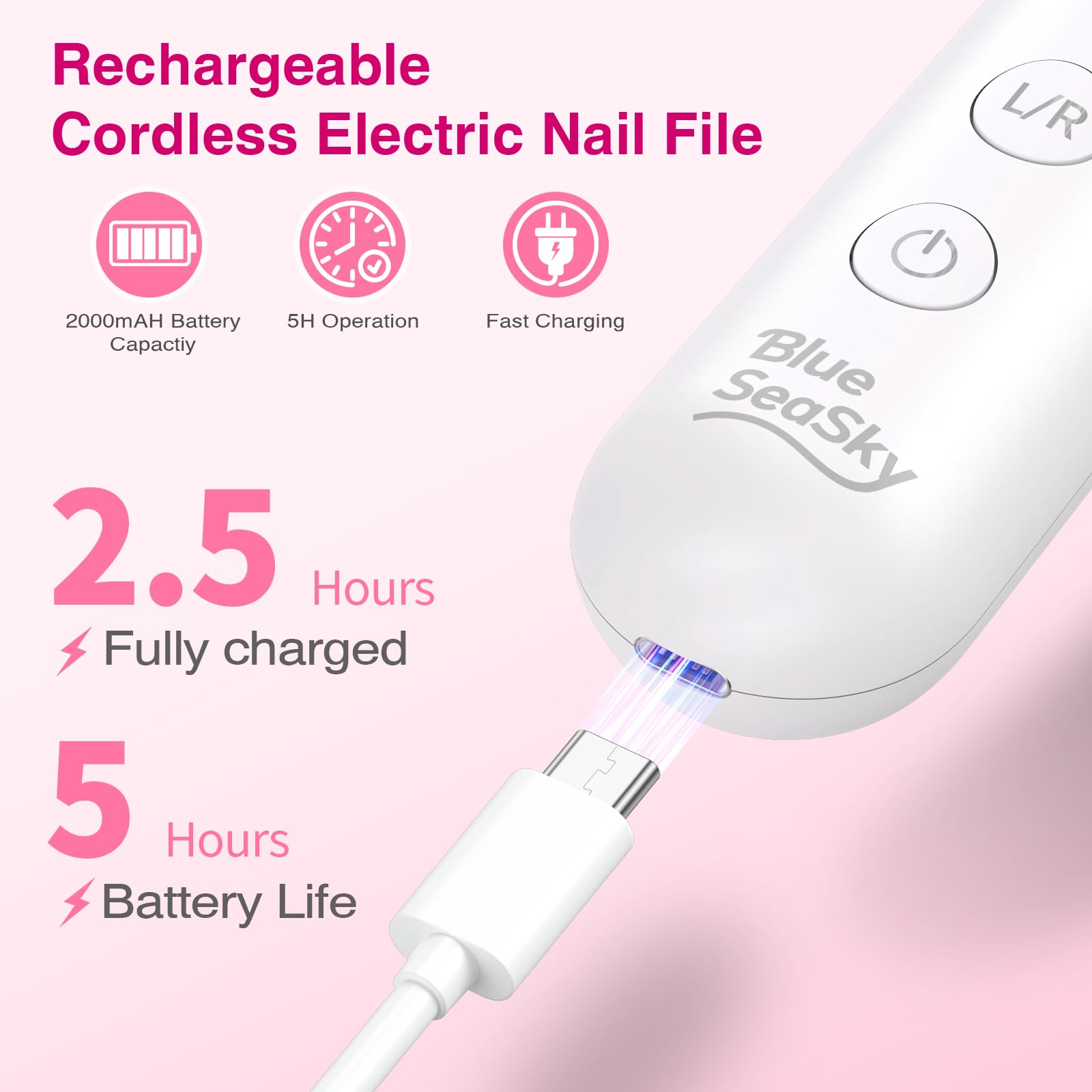 Blue Sea Sky ergonomic pink grip nail drill ensures comfortable use.