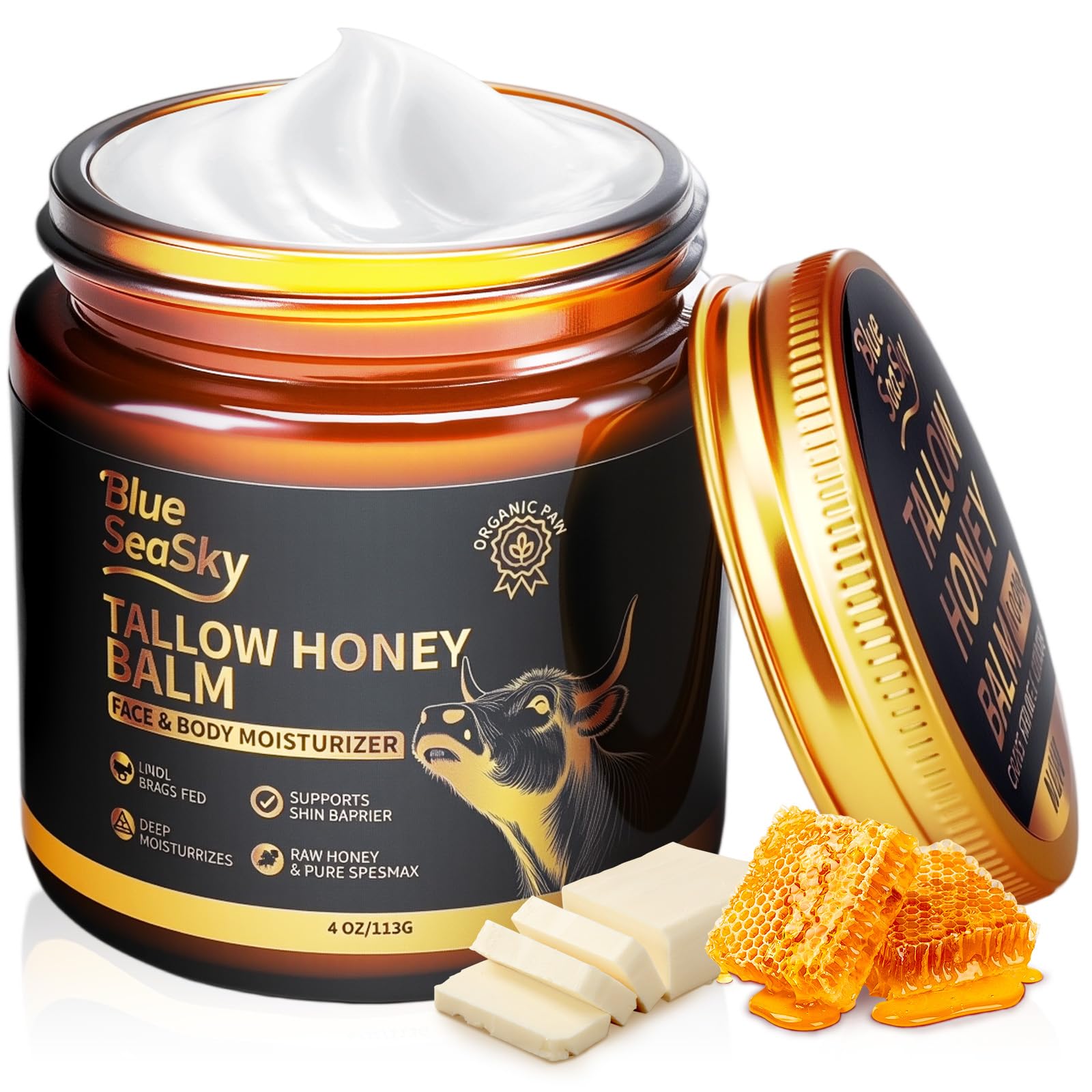 Blue Sea Sky upgraded beef tallow face application shows rich texture for daily skincare.