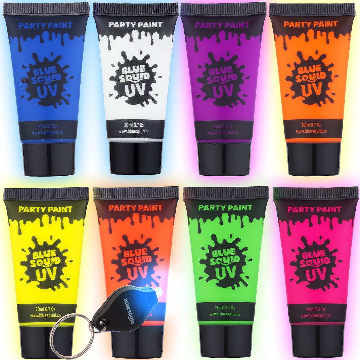Blue Squid neon body paint tubes showcase eight vivid colors for glow parties.