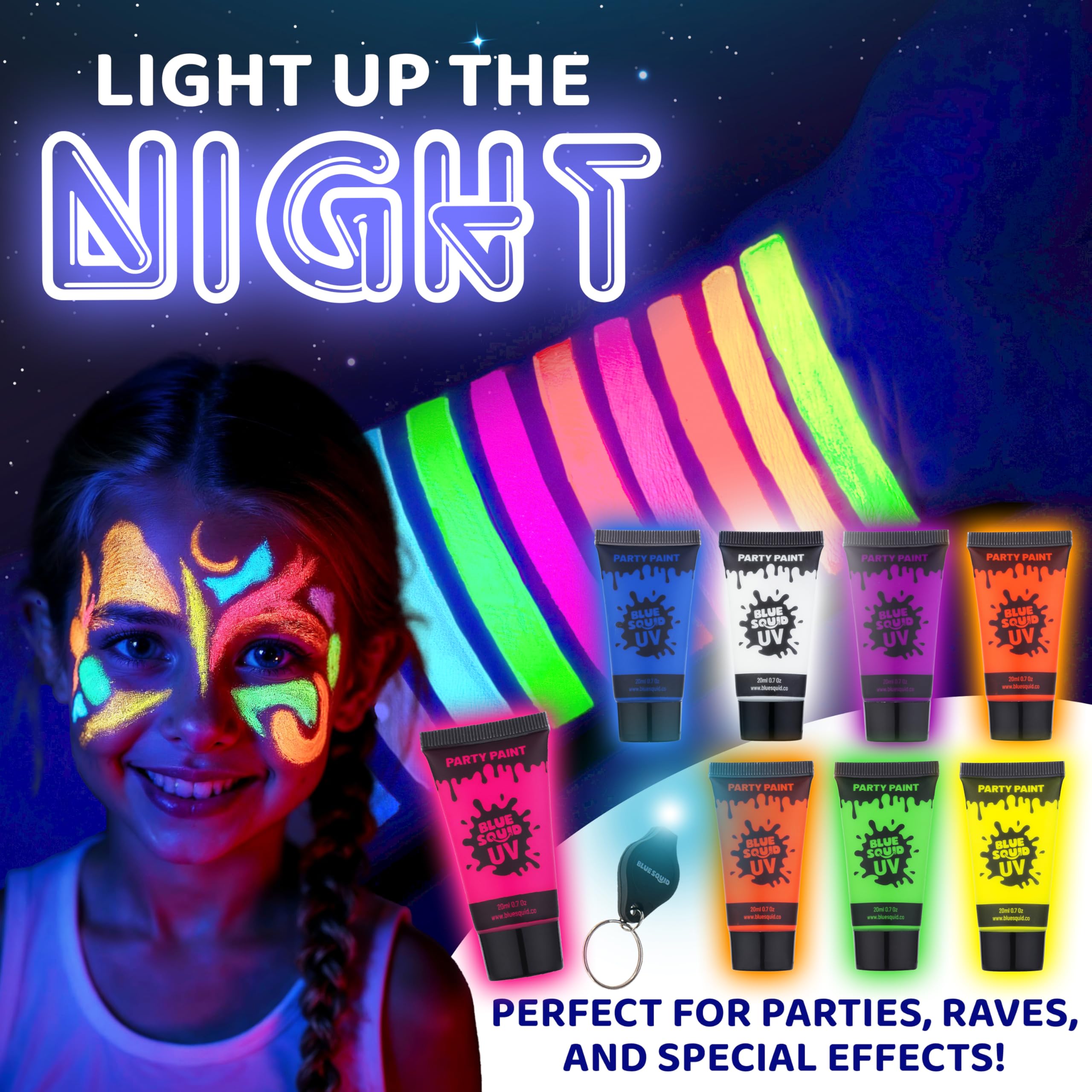Blue Squid open-pack of body paints shows eight color tubes ready to use.