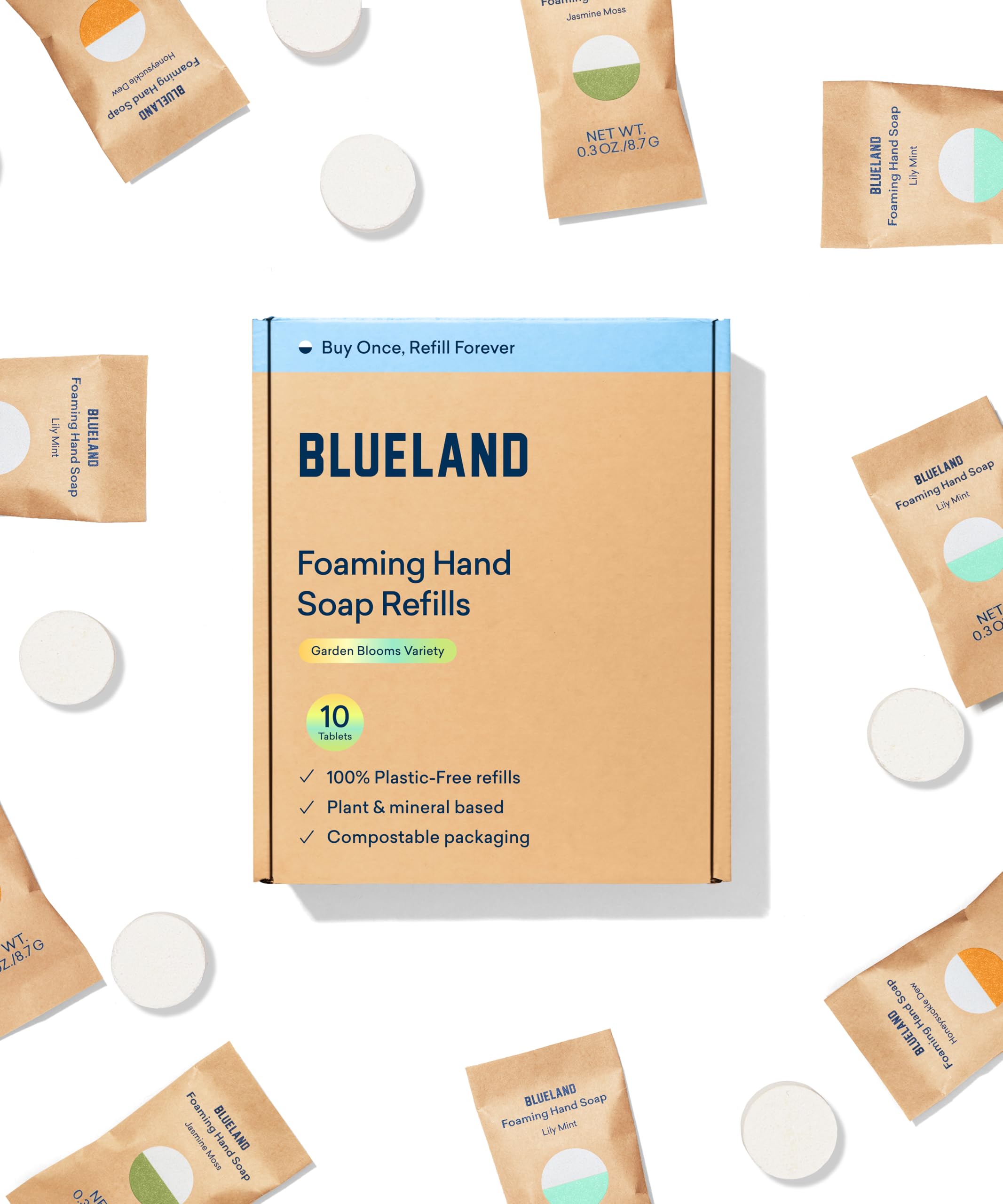 BLUELAND foaming hand soap refill tablet dissolving in water for garden blooms scent, eco-friendly refill.