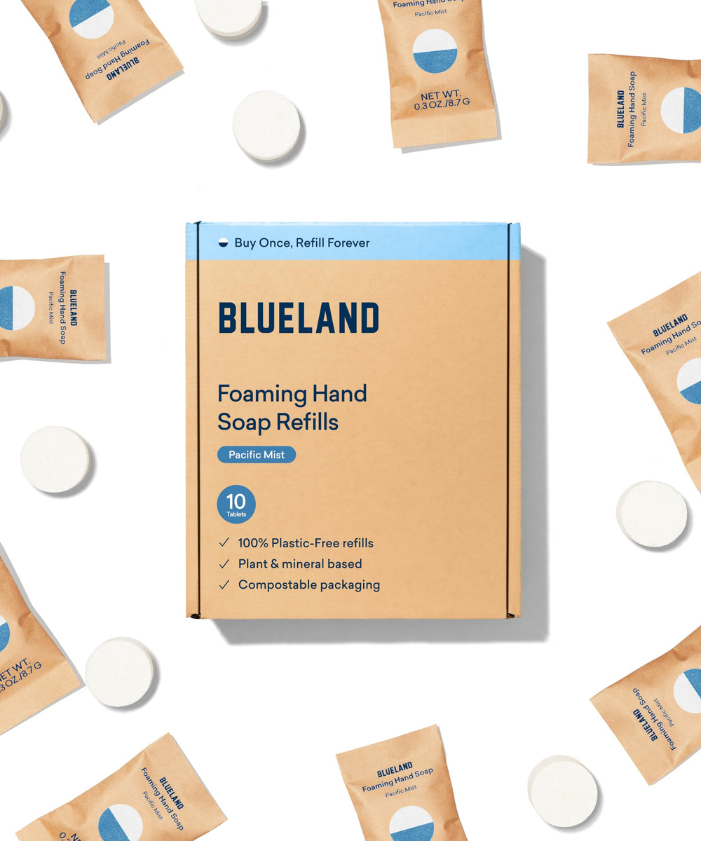 BLUELAND foaming hand soap refill tablet Pacific Mist dissolving for eco-friendly foam.