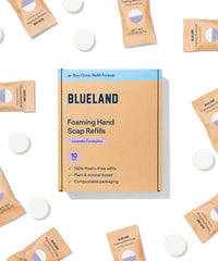 BLUELAND refill tablet dissolving in water for lavender eucalyptus foaming hand soap.