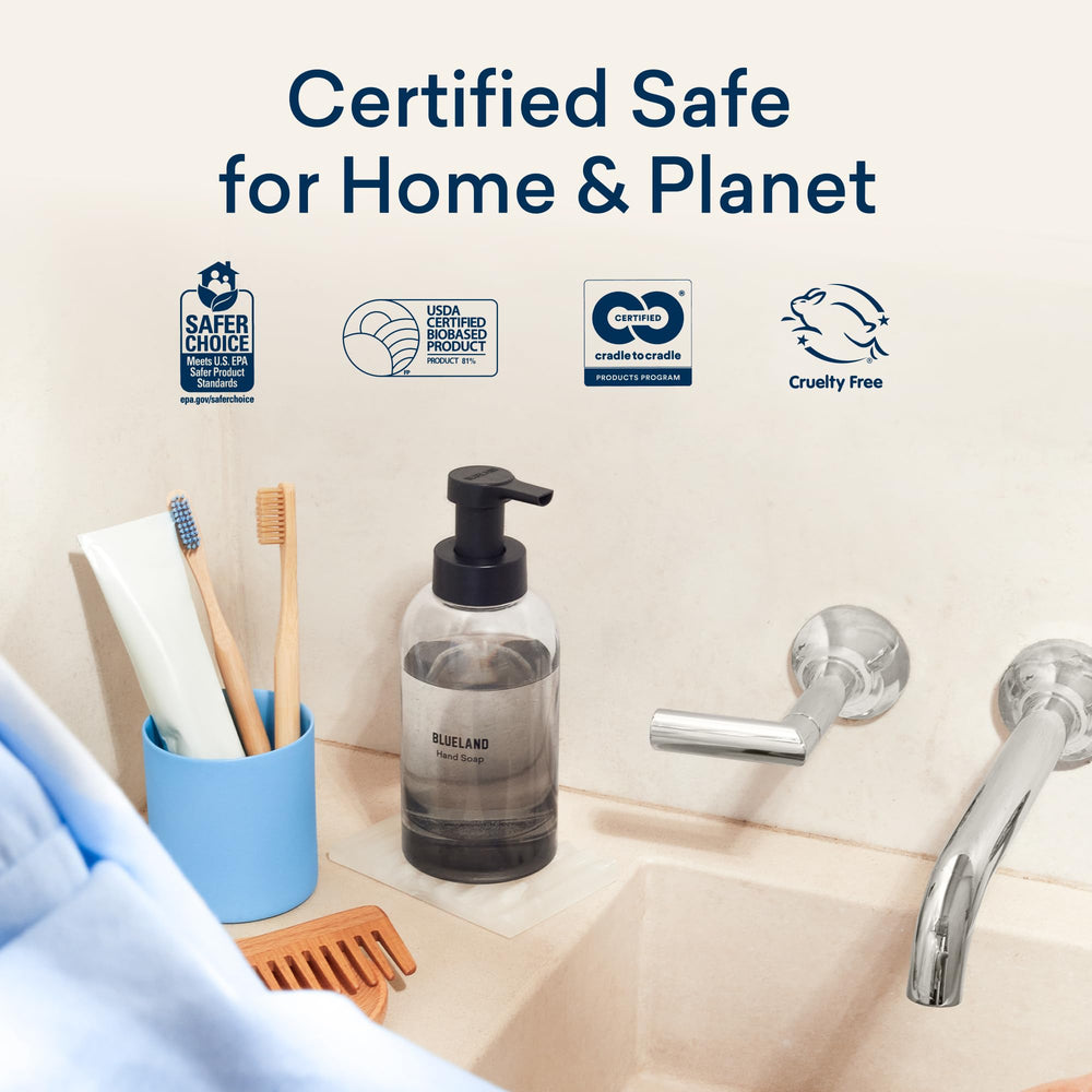 BLUELAND Microplastic-free formula shown, plant and mineral-based power for safer daily cleaning.