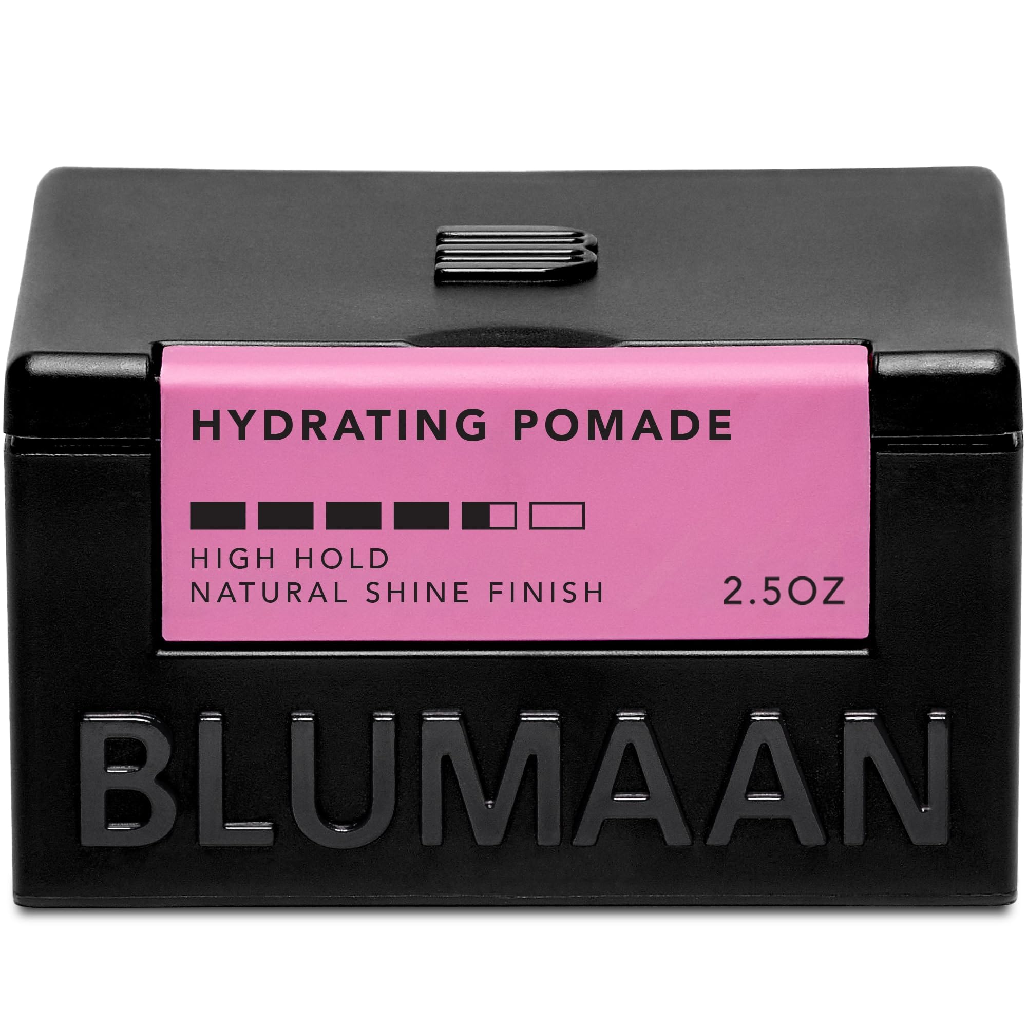 BluMaan Hydrating Pomade bottle closeup highlights low shine and high hold for polished looks.