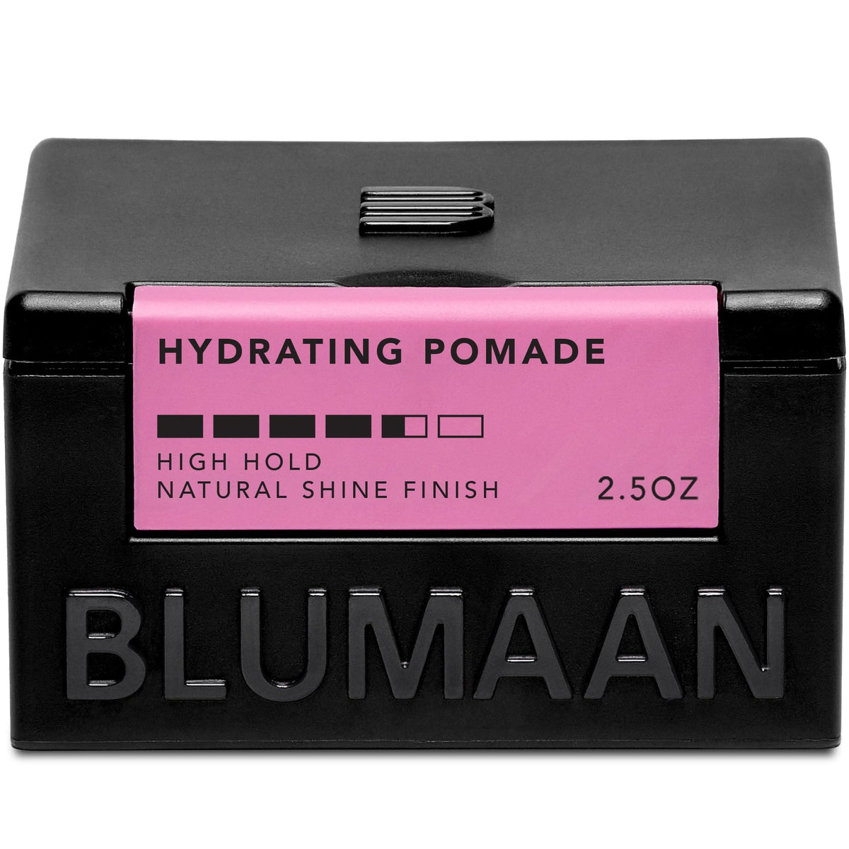 BluMaan Hydrating Pomade bottle closeup highlights low shine and high hold for polished looks.