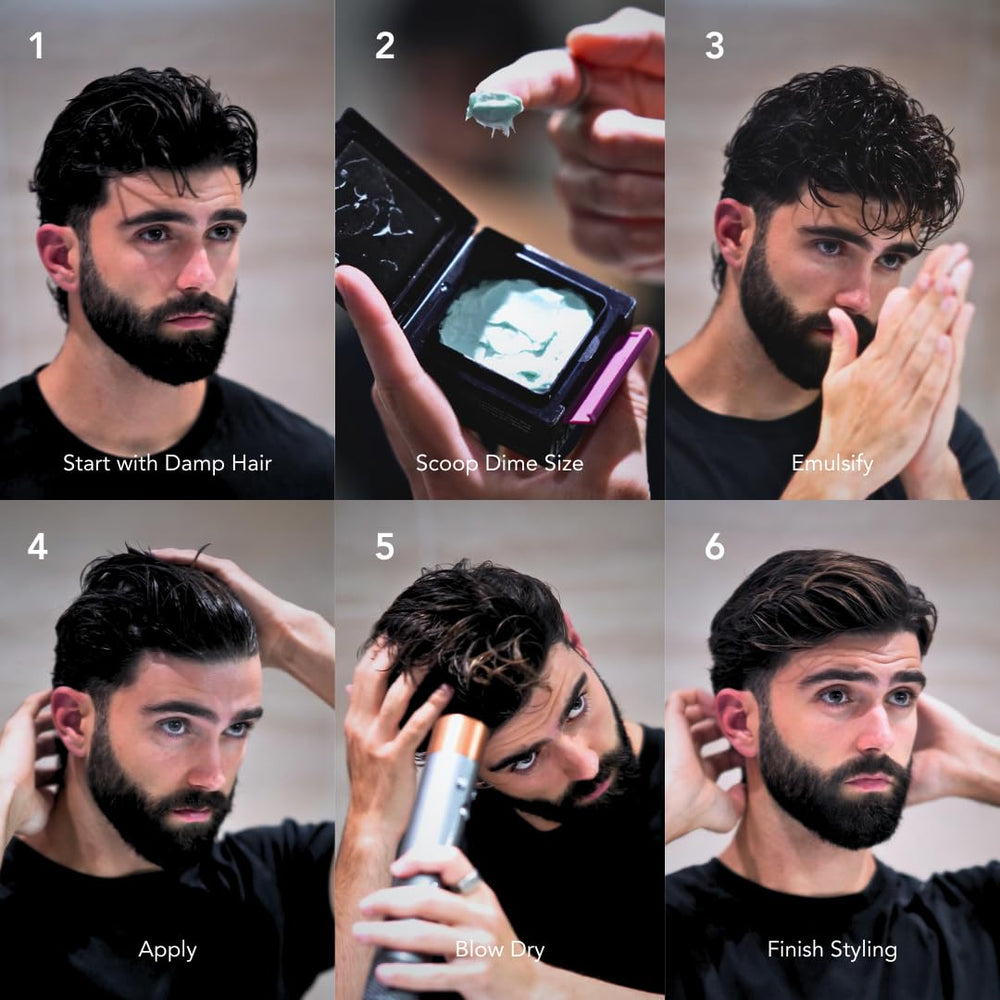 BluMaan Hydrating Pomade hands-warm-up illustrates pre-styling prep for precise root definition.