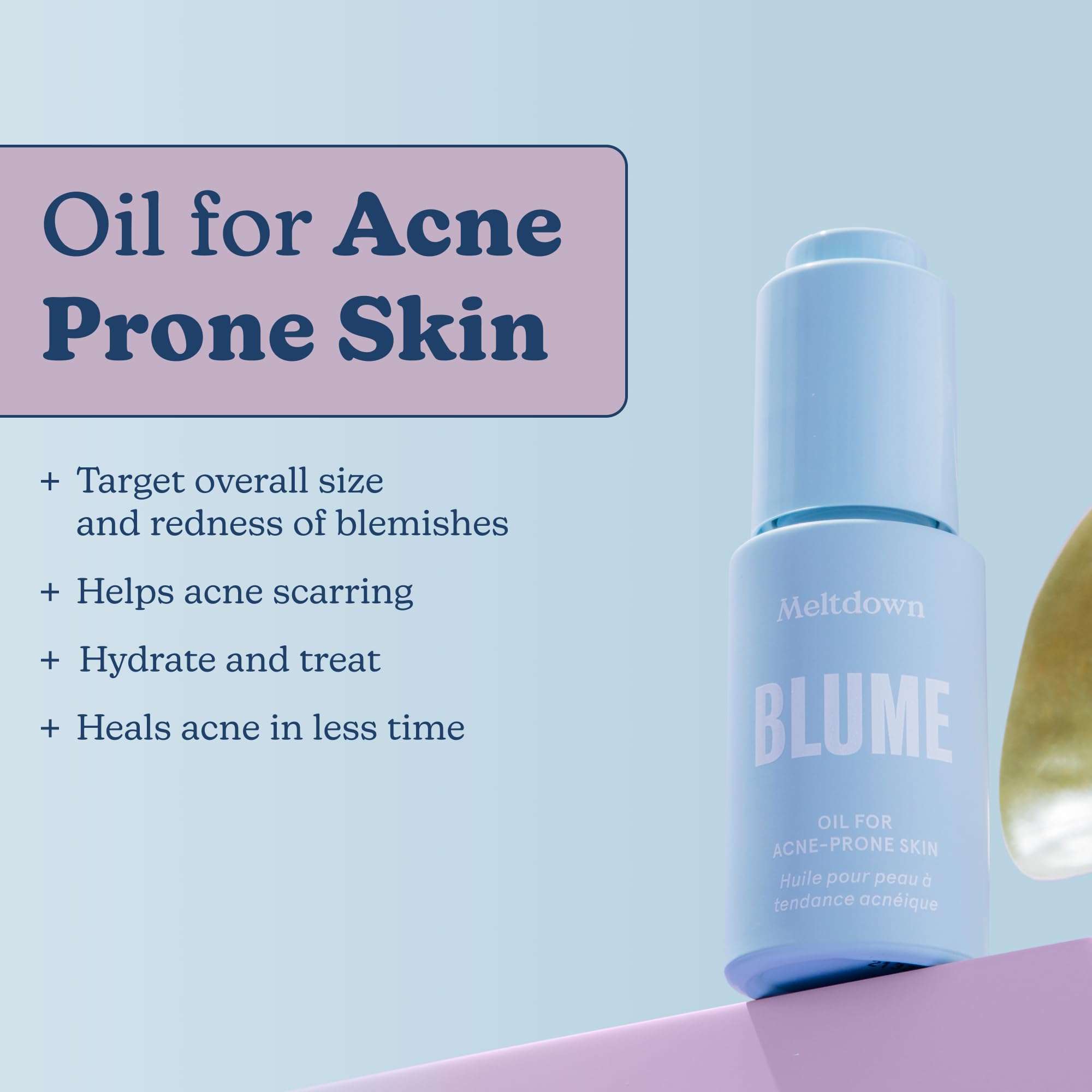 Blume Meltdown rosehip oil portrait highlights moisture retention and gentle smoothing.