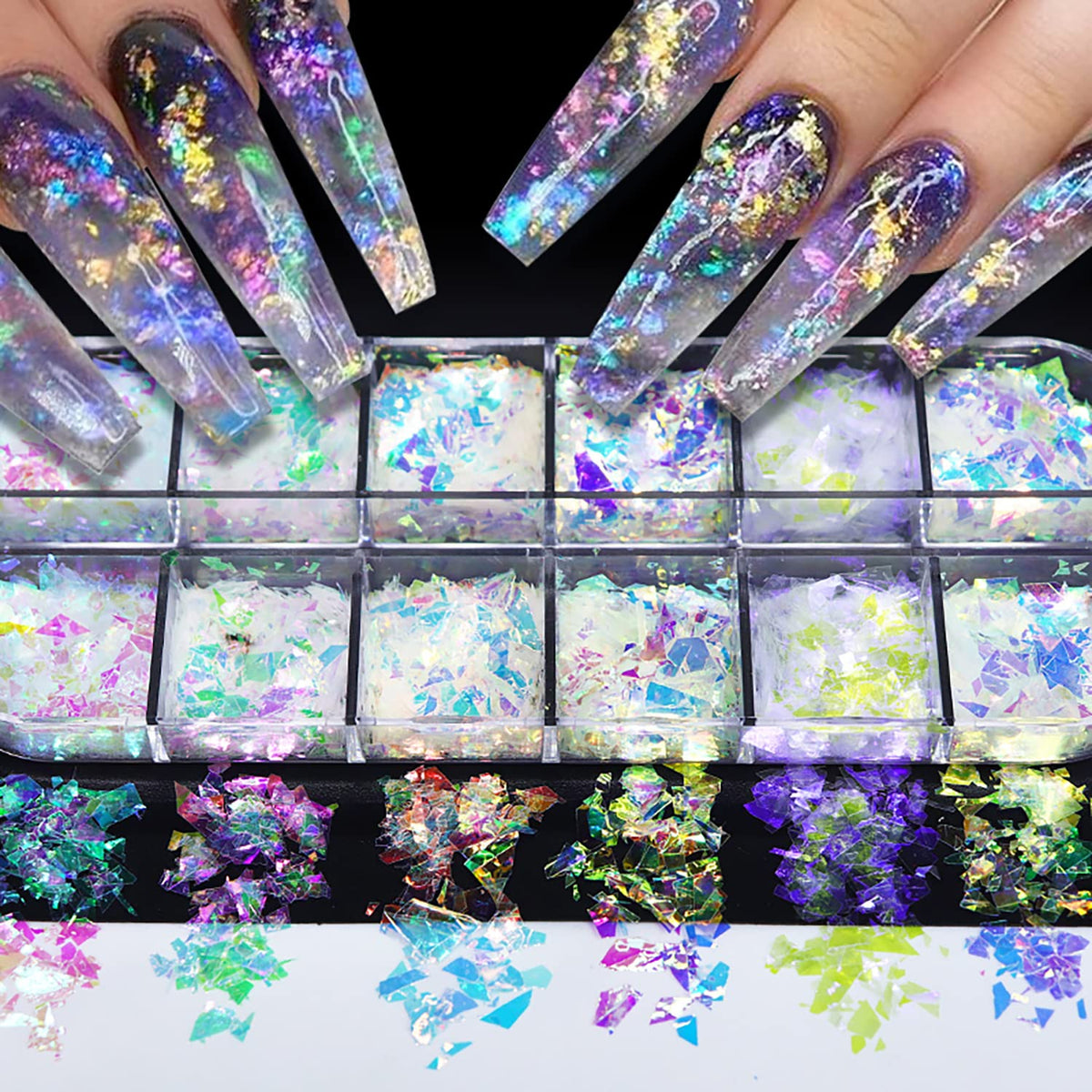 BMKKOT 12-colors holographic nail art sequins for dazzling color-shift manicures.