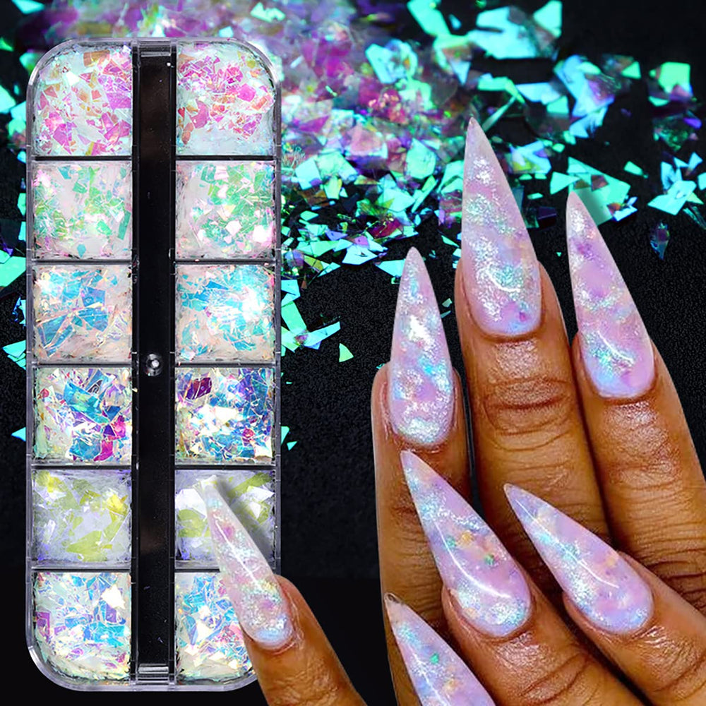 BMKKOT iridescent ice slag glitter flakes add vibrant shine to nails or makeup.