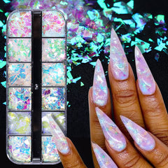 BMKKOT iridescent ice slag glitter flakes add vibrant shine to nails or makeup.