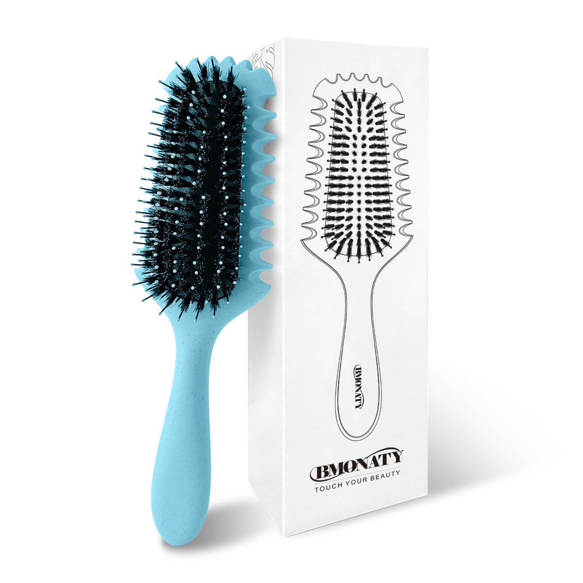 BMONATY curl-defining brush front view shows boar bristles for gentle detangling.