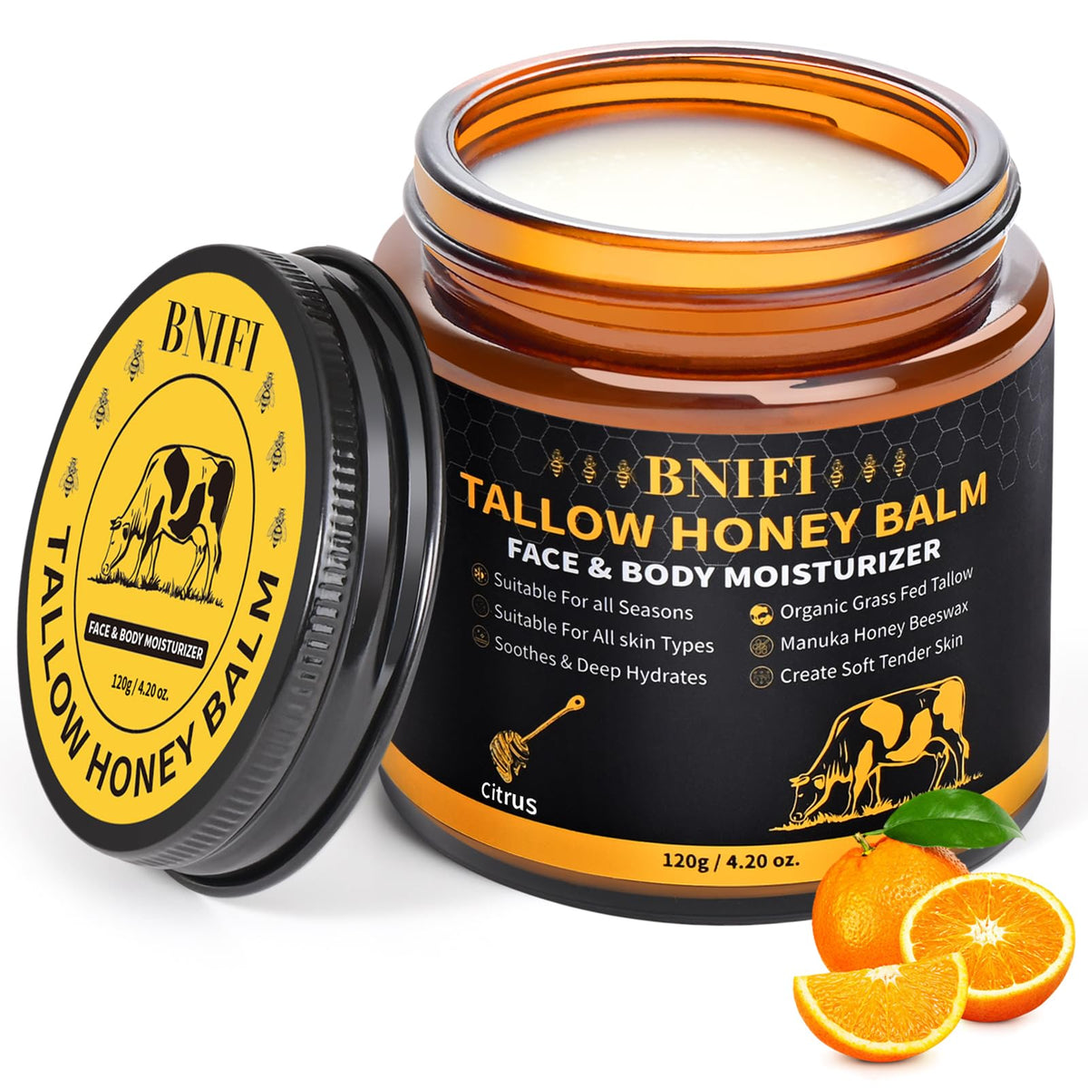 BNIFI Tallow and Honey Balm on the face hydrates and softens dry skin with citrus aroma.