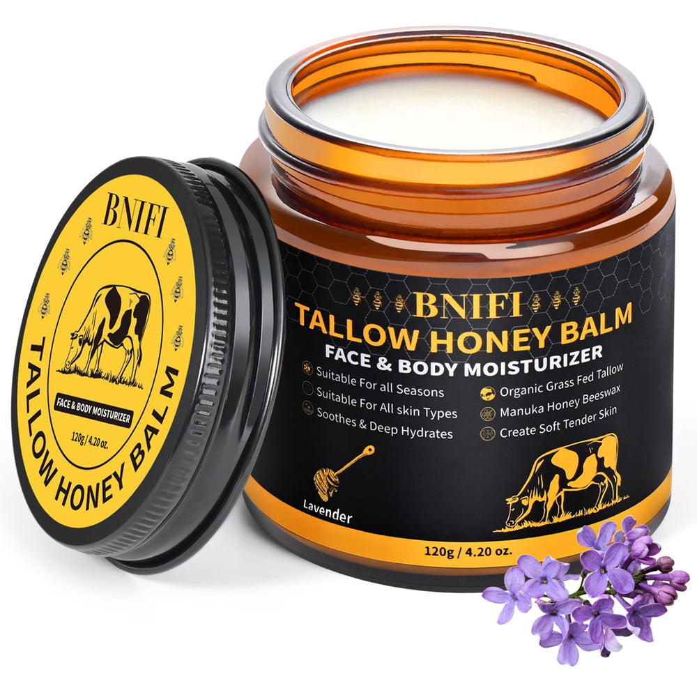 BNIFI Tallow and Honey Balm lavender bottle offers deep hydration for dry skin.