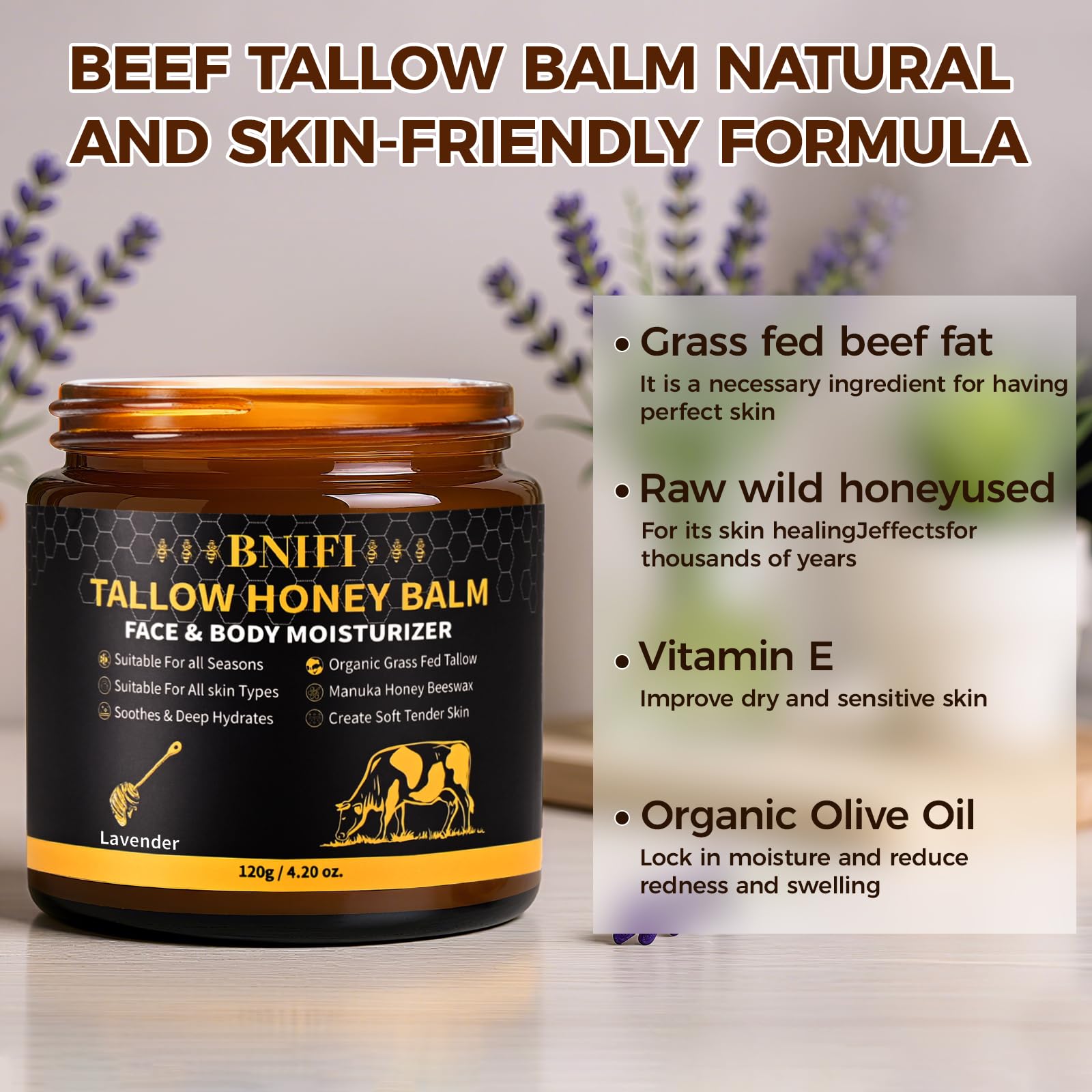 BNIFI Tallow and Honey Balm ingredients closeup shows tallow, honey, and olive oil nourishing skin.