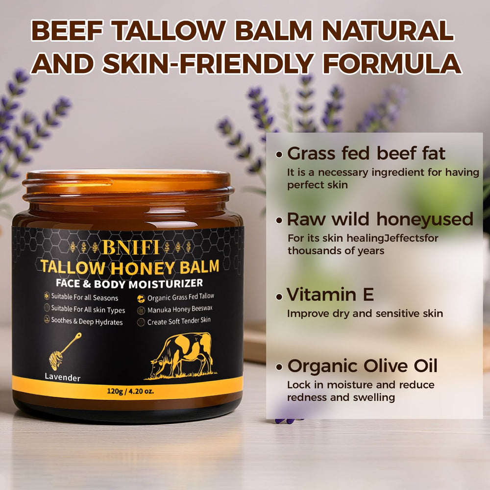 BNIFI Tallow and Honey Balm ingredients closeup shows tallow, honey, and olive oil nourishing skin.