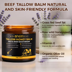 BNIFI Tallow and Honey Balm ingredients closeup shows tallow, honey, and olive oil nourishing skin.