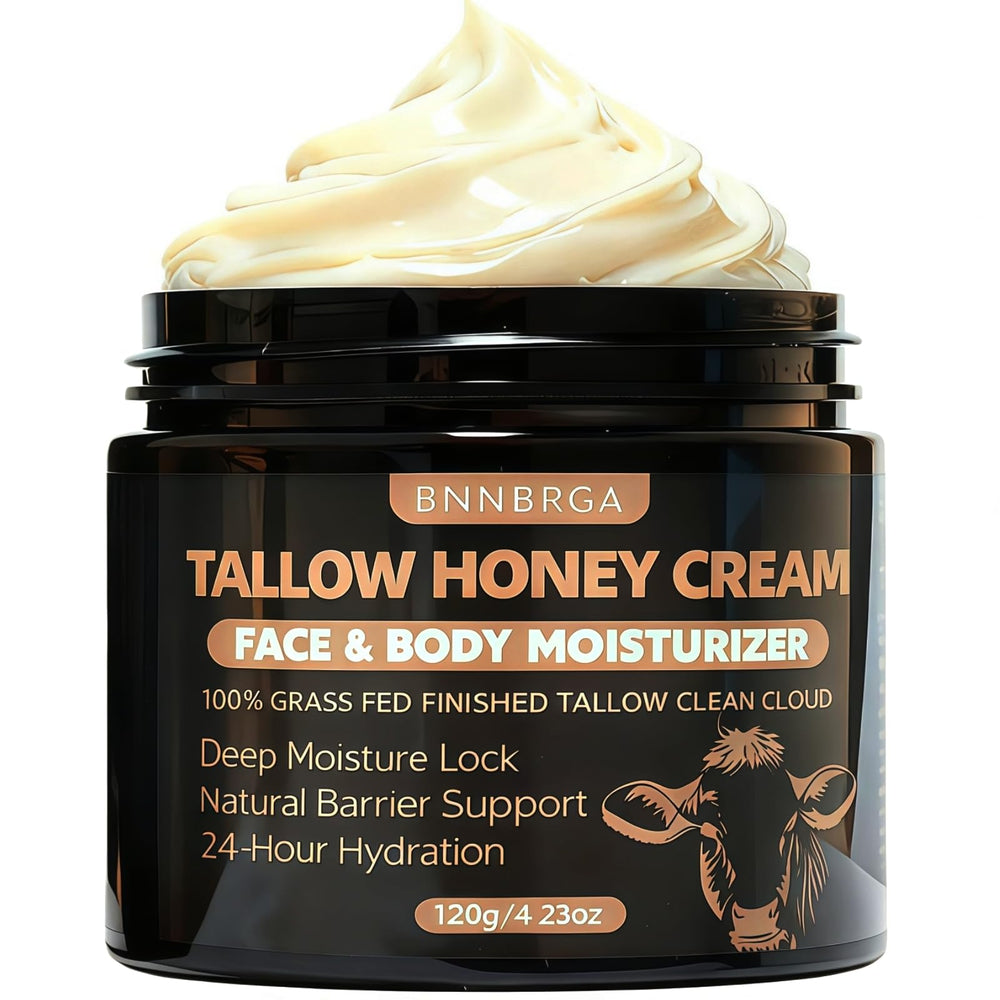 BNNBRGA Tallow Honey Cream jar closeup shows whipped texture for deep hydration