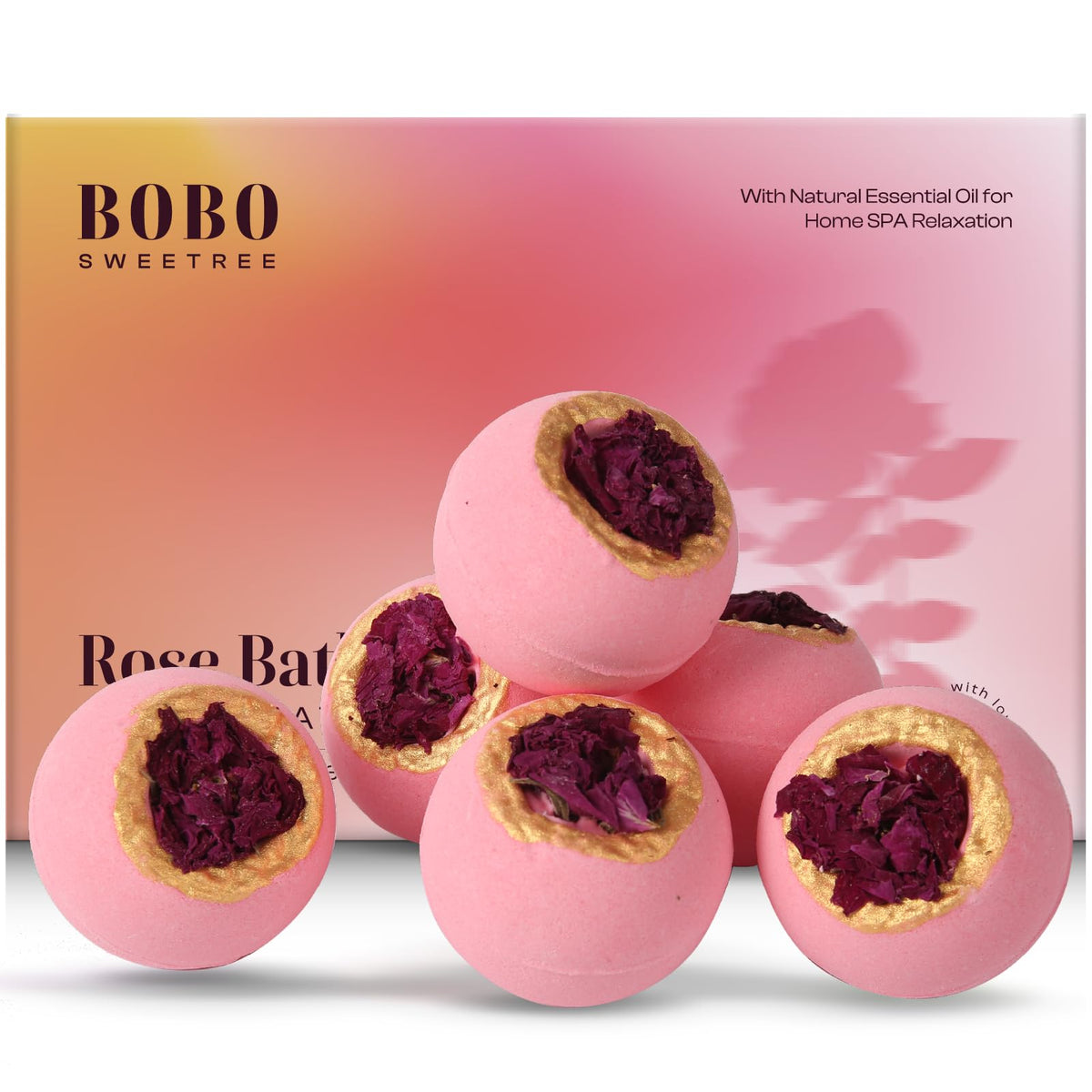 BoboSweeTree rose bath bombs gift set shown with premium packaging for gifting