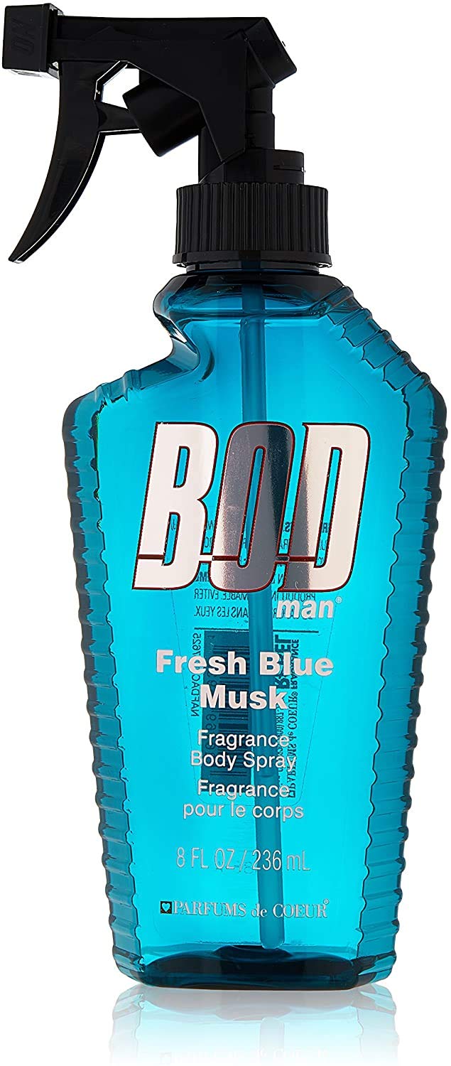 Bod Man Fresh Blue Musk body spray bottle front offers casual daily fragrance