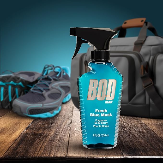 Bod Man Fresh Blue Musk body spray bottle side showcases compact travel-friendly size