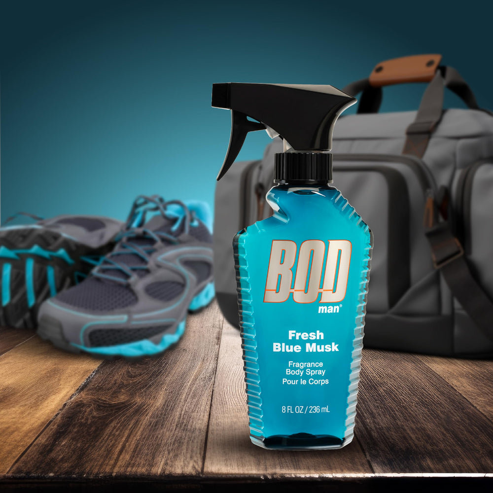 BOD man Fresh Blue Musk spray mist demonstrates easy-apply trigger for quick refresh.