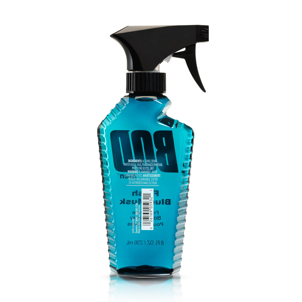 BOD man Fresh Blue Musk compact bottle in travel bag for on-the-go fragrance.