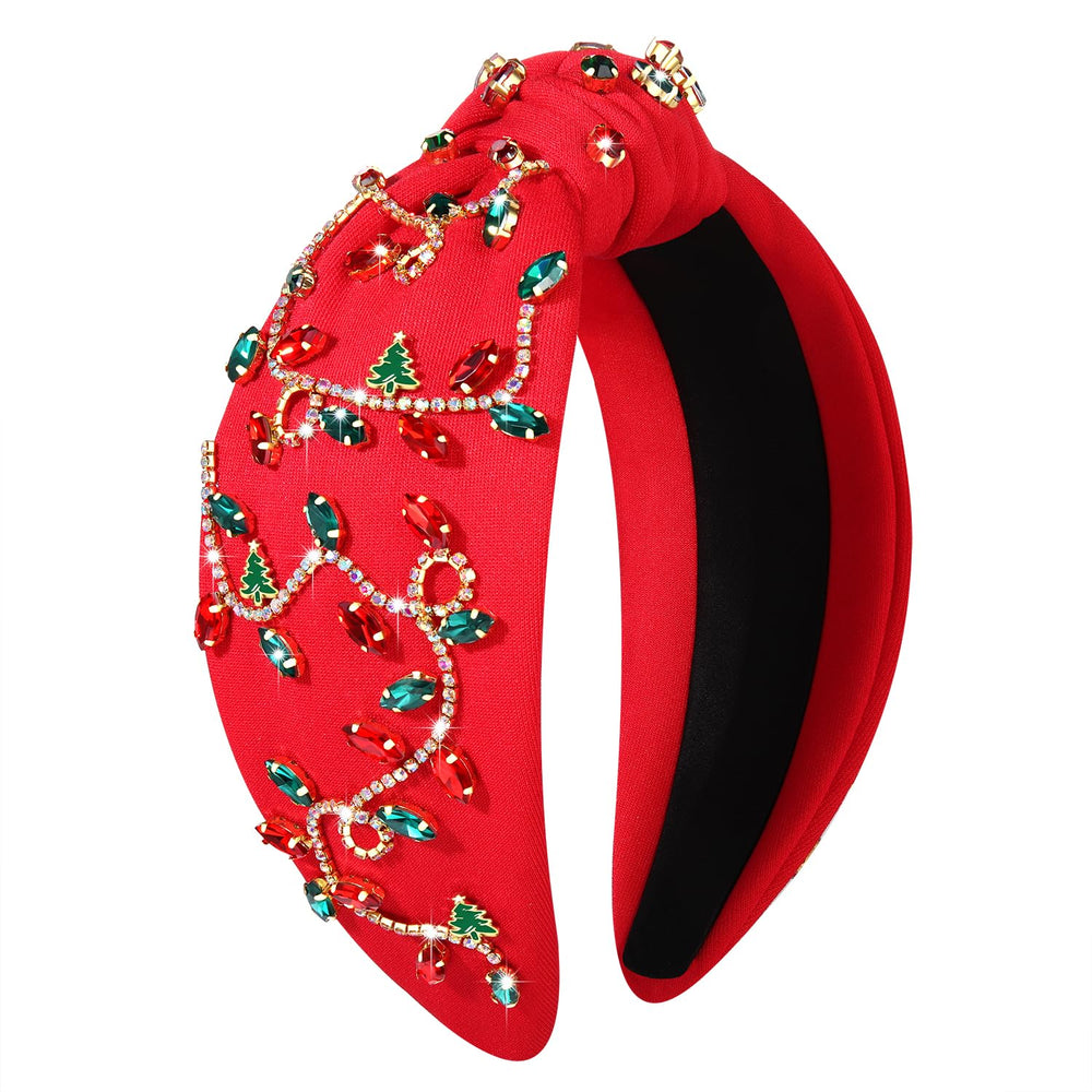 boderier Christmas headband red knotted with rhinestones and lights for festive sparkle