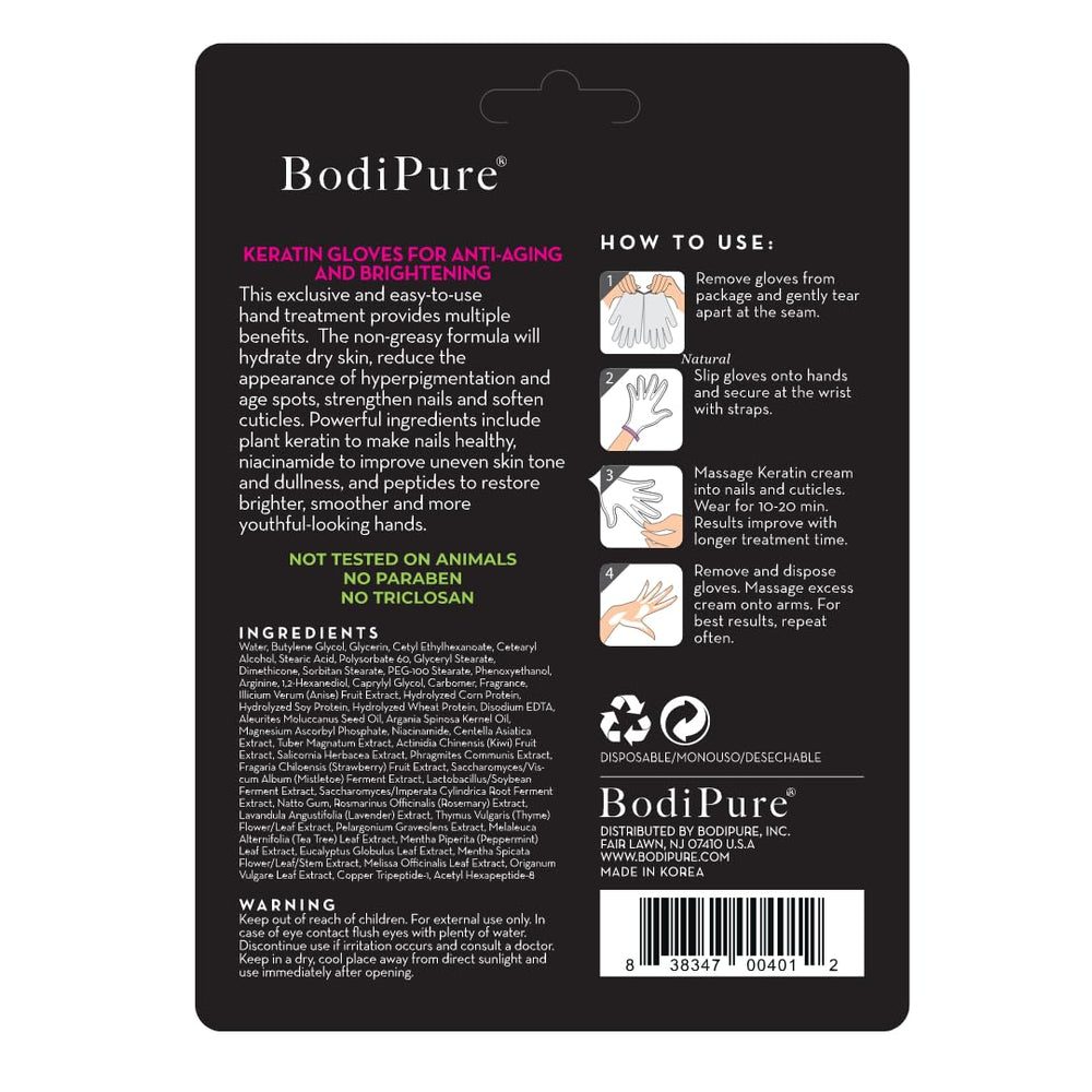 Bodipure Hand Mask Keratin Gloves during application for deep hydration.