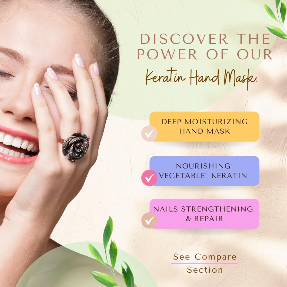 Bodipure Premium Hand Mask Keratin Gloves worn for a hydrating at-home treatment.