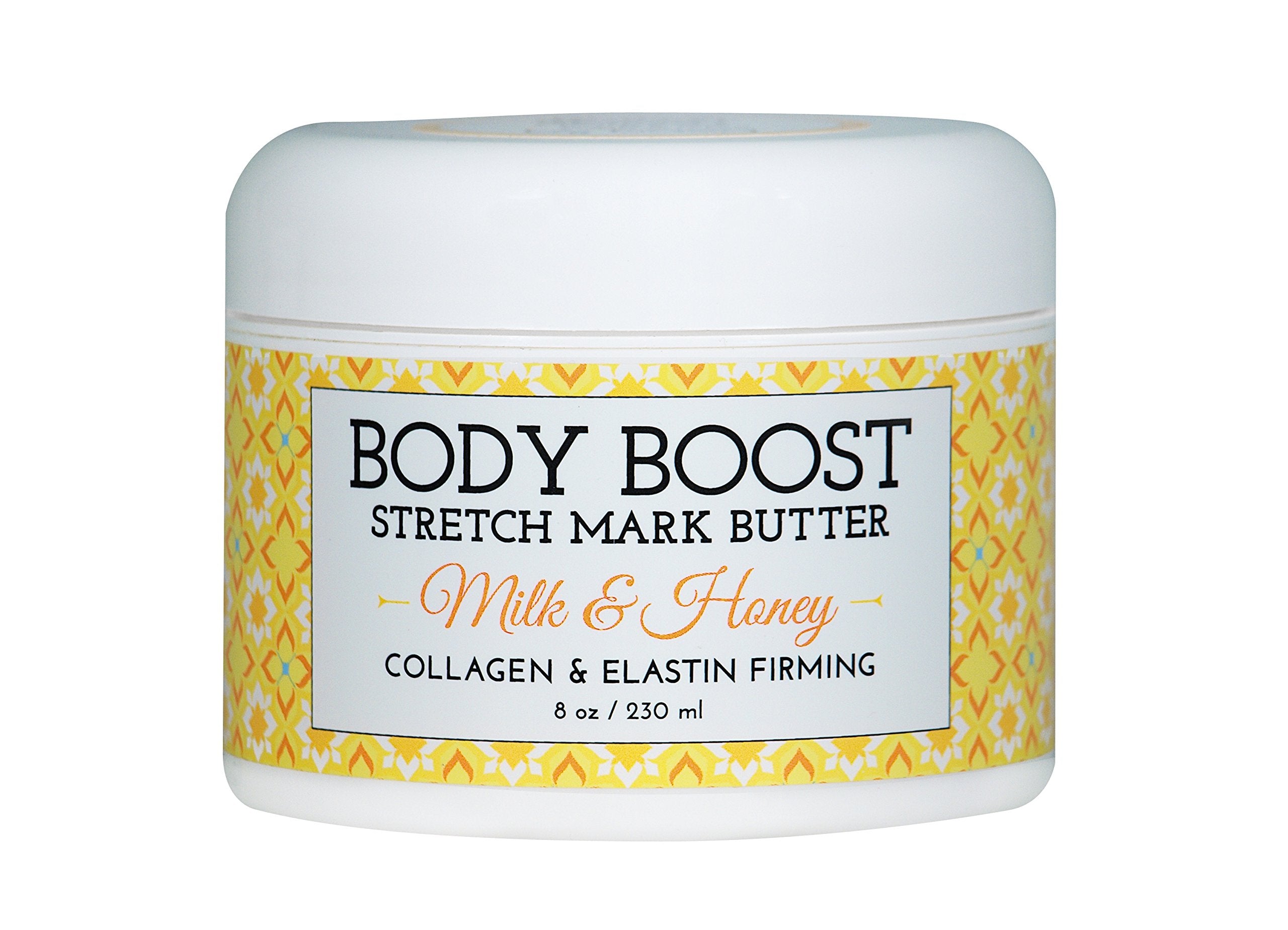 Body Boost Milk & Honey Stretch Mark Butter packaging close-up highlighting a nourishing formula for resilient skin.