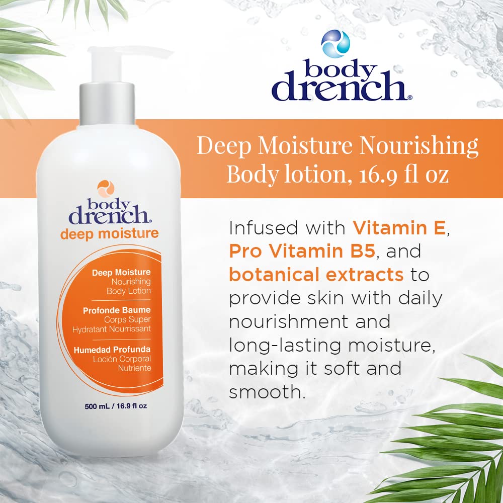 Body Drench moisturizing body lotion label close-up highlights fragrance-free formula for sensitive skin