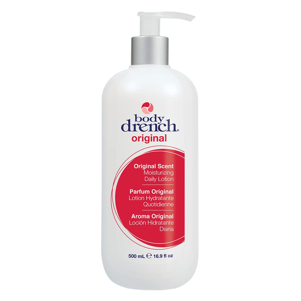 Body Drench Moisturizing Lotion bottle front—quick-absorbing hydration for all skin types.