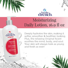 Body Drench Moisturizing Lotion texture swirl—rich emollients for soft, smooth skin.