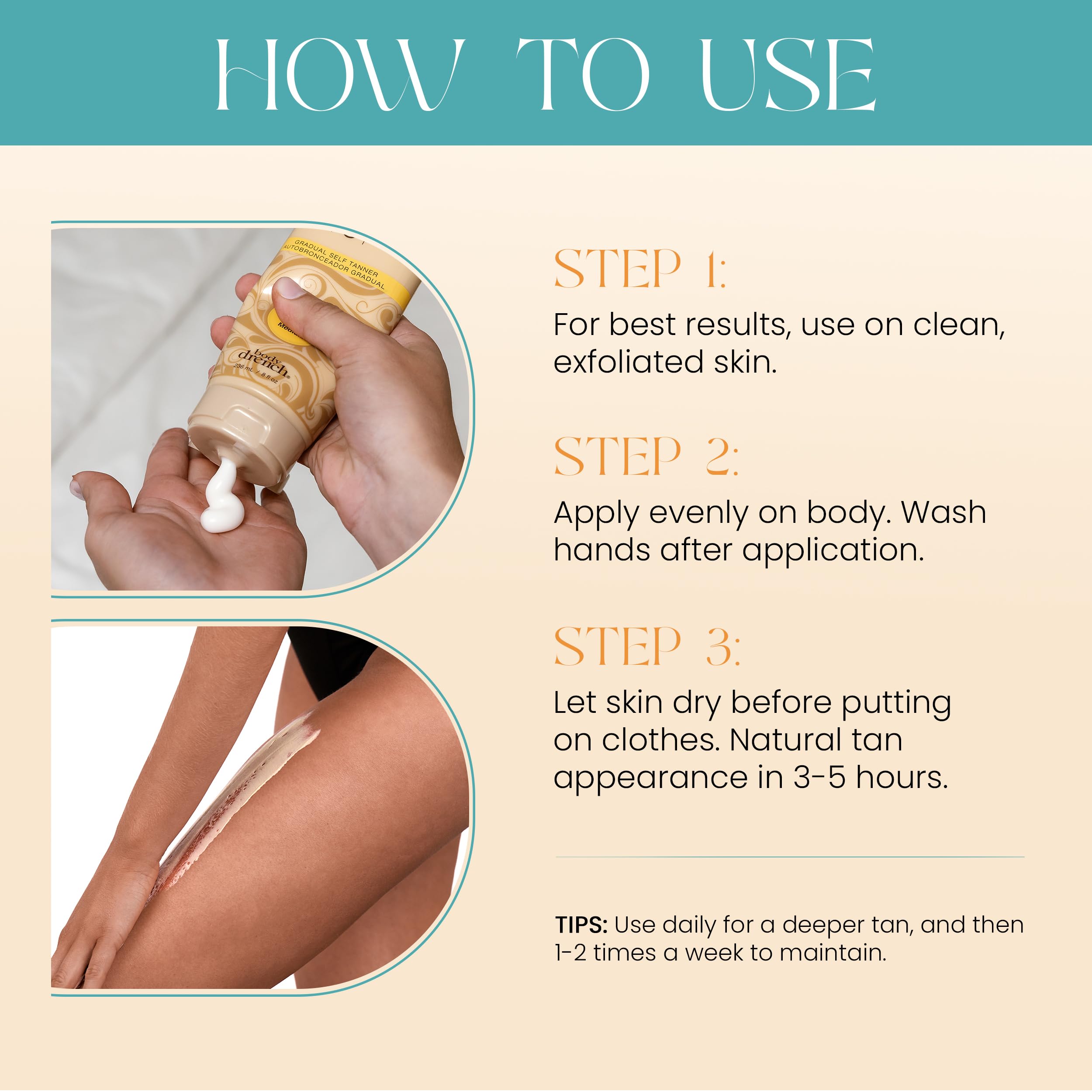 Body Drench Quick Tan glow on arm after time shows dark golden shade developing