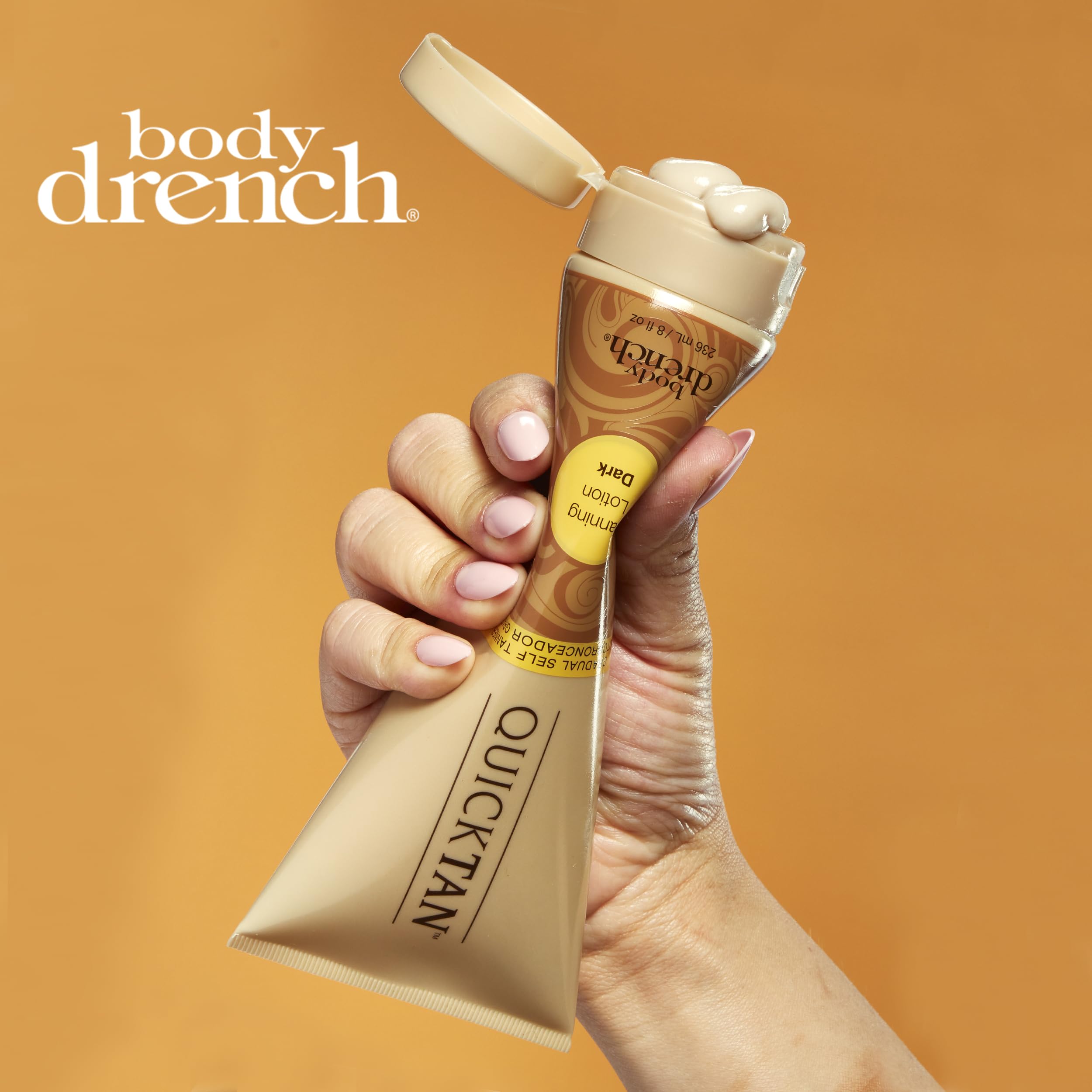 Body Drench Quick Tan product packaging highlights vegan, cruelty-free clean formula